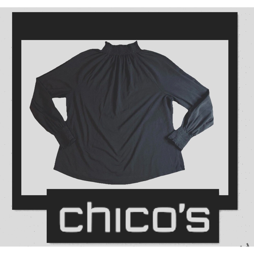 Chico's 2 (Large) Women's Black Long Sleeves Mock Neck (Ruched Wrists + Neck)